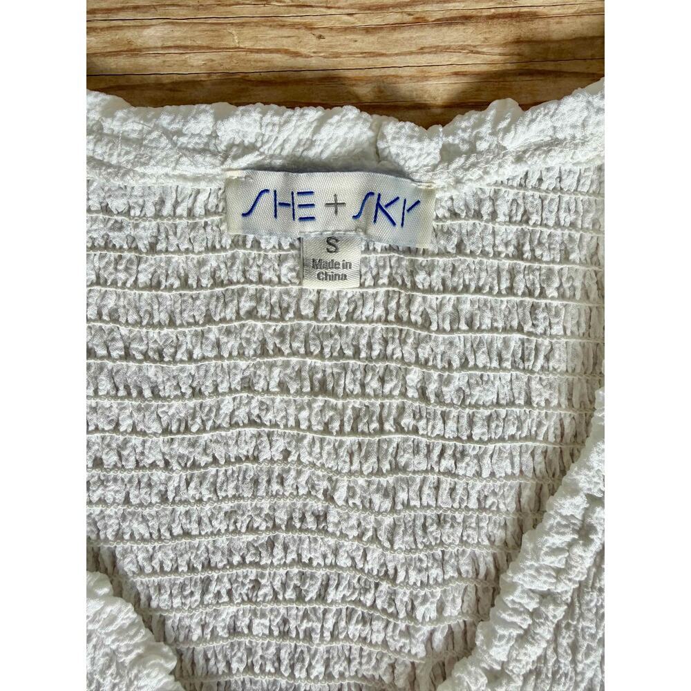 She + Sky White Smocked Ruffle Top Small Boho Cottagecore Festival Coquette - Picture 3 of 7